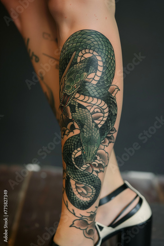 A woman with a green snail tattoo on his leg and leg sleeve © Ekaterina Shvaygert