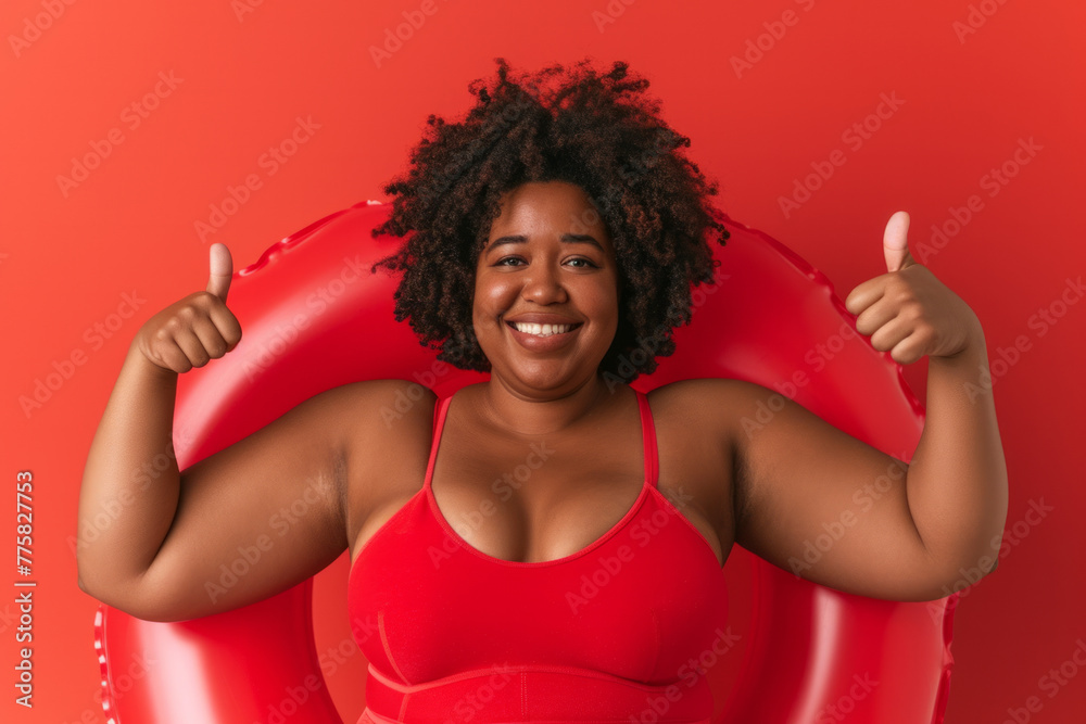 Portrait of happy smiling fat African American woman in beach rubber ring wearing red swimsuit showing thumb up sign isolated on a red studio background. Travel, vacation and summer journey concept. Portrait of happy smiling fat African American woman in beach rubber ring wearing red swimsuit showing thumb up sign isolated on a red studio background. Travel, vacation and summer journey concept.
