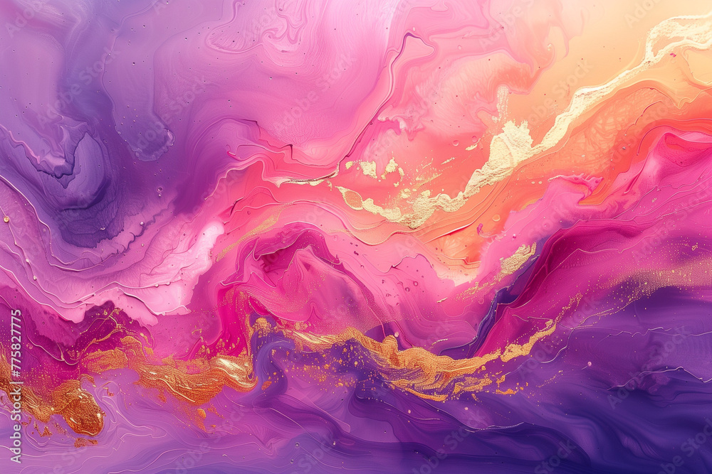 Fototapeta premium Abstract watercolor paint background illustration. violet, purple, pink, peach color and golden lines, with liquid fluid marbled texture