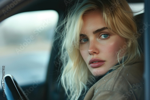 Serious blond woman in car © Volodymyr