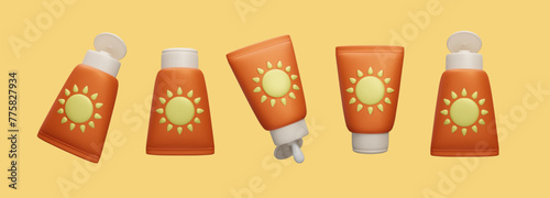 Set of 3D SPF sunscreen cream bottles vector illustration. Colorful cartoon style 3D summer cosmetic products. Sunblock sun safety lotion, UV lights protection, skincare during travel vacation.