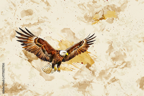 dessin d'un aigle aux ailes déployés en plein vol sur un fond texturé beige et marron, style marbré. Espace négatif copyspace photo