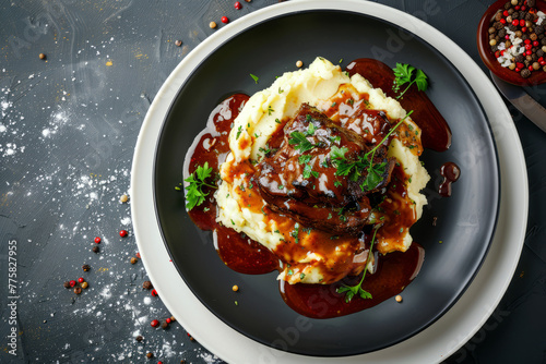 Roast beef stewed in demi glace sauce with mashed potatoes on a dark and white plate with peppercorns around on a dark slate and space for text or inscriptions, top view
