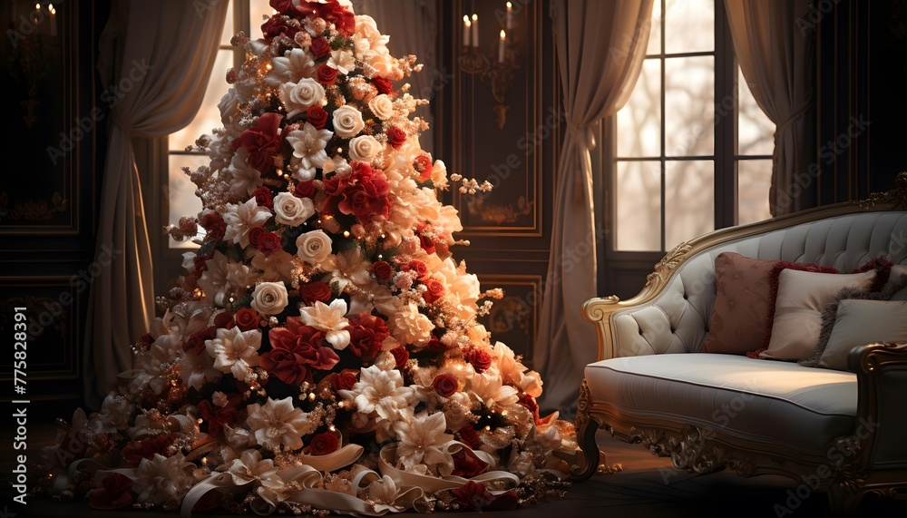 Luxury living room with decorated Christmas tree, sofa and armchair
