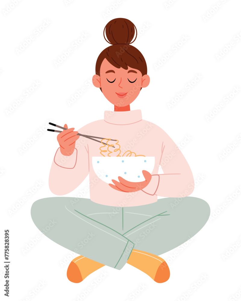 Positive hungry girl sitting eating spaghetti pasta noodles with sauce for dinner at home. Healthy lunch meal supper meal cooked and served in plate Positive hungry girl sitting eating spaghetti pasta noodles with sauce for dinner at home. Healthy lunch meal supper meal cooked and served in plate