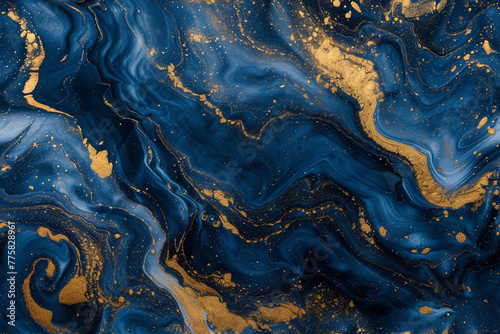 Hand painted background with mixed liquid blue and golden 