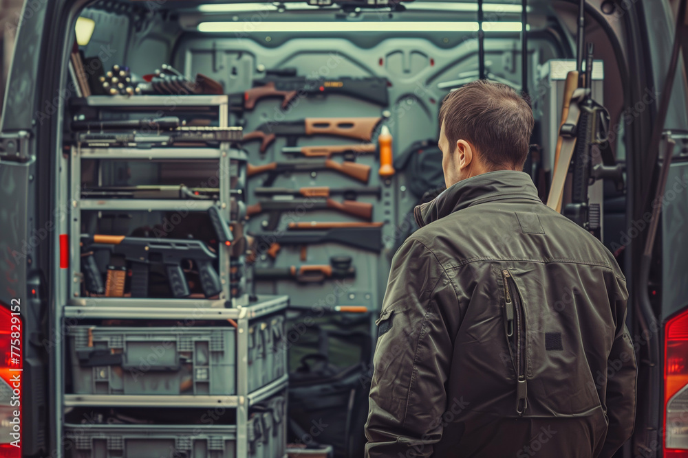Man looking at weapons organized inside a vehicle. Man looking at weapons organized inside a vehicle.
