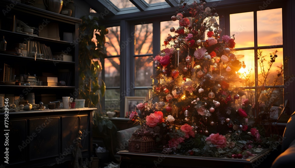 Beautiful Christmas tree in the interior of the house at sunset.