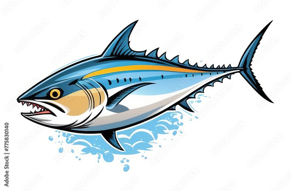 Fototapeta premium Illustration of a cartoon blue tuna fish, leaping with water splashes