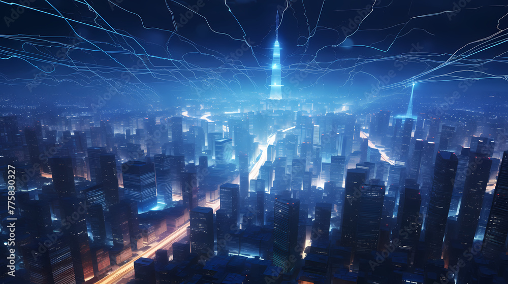 Cityscape with glowing data cables