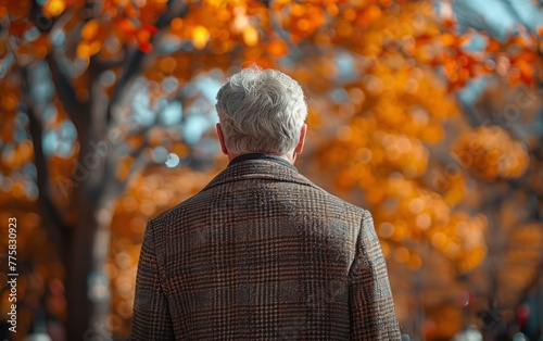 A man wearing a plaid jacket stands in front of a tree with orange leaves. The man is looking off into the distance, possibly lost in thought. Concept of solitude and contemplation