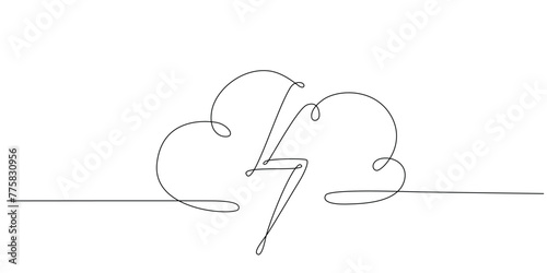 Storm, lightning and cloud - hand drawing one single continuous line banner. Vector stock illustration isolated on white background for design template weather forecast, travel blog. Editable stroke.