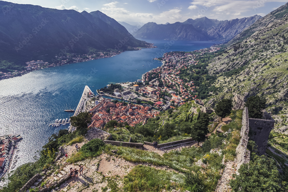 Aerial view with Old Town of Kotor, view from Fortress of St John above Kotor Old Town, Montenegro