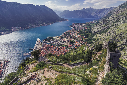 Aerial view with Old Town of Kotor, view from Fortress of St John above Kotor Old Town, Montenegro