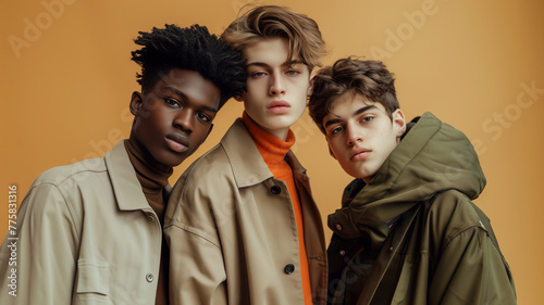 good looking multiracial male models in stylish urban clothes posing on orange backdrop, fashion