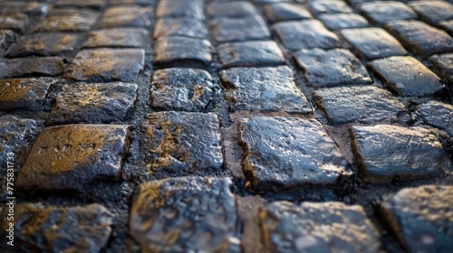 Perspective view. Stone pavement texture  abstract background of old cobblestone pavement close-up Various background types of laying stones from granite and other materials used in the construction 