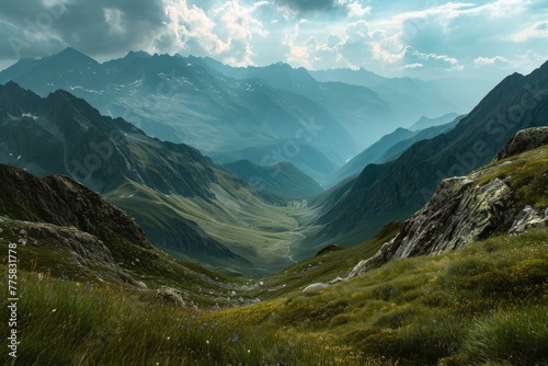 Serene Alps landscape mountains valley. Sky tourism. Generate Ai