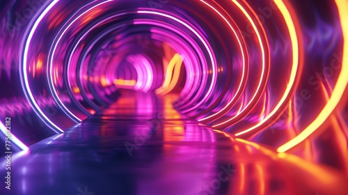 Neon streaks spiral in futuristic tunnel