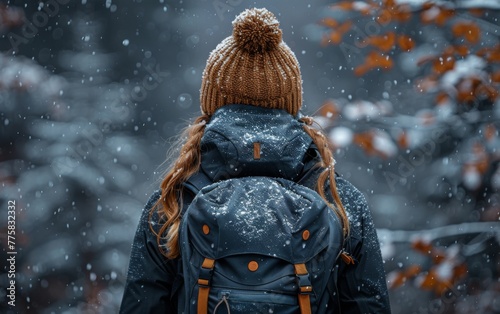 A woman wearing a brown hat and a blue jacket with a backpack on her back. She is standing in the snow