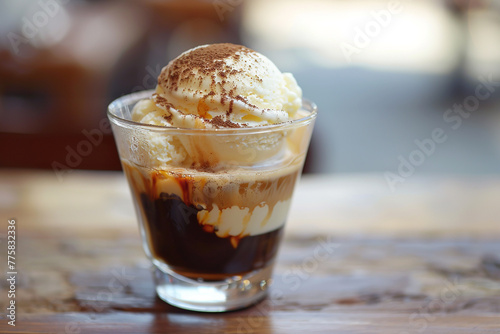 A tempting affogato with a scoop of vanilla ice cream drowned in hot espresso.
