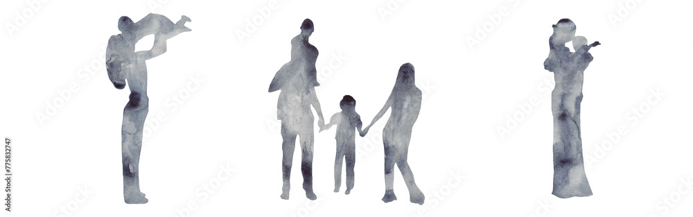 Obraz premium Watercolor border with silhouettes of people. Brush strokes in the form of blue silhouettes of people,Silhouette of family on white background.