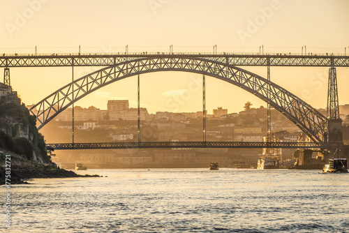 Famous Dom Luis I Bridge over Douro River between Porto and Vila Nova de Gaia cities, Portugal