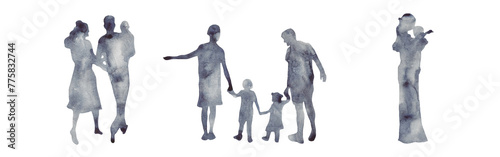 Watercolor border with silhouettes of people. Brush strokes in the form of blue silhouettes of people,Silhouette of family on white background.