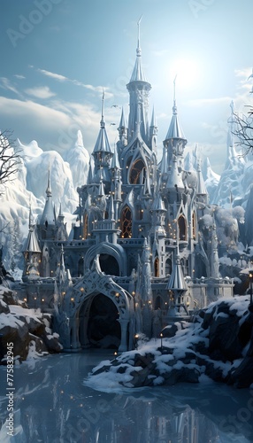 Fairytale castle in the winter forest. Panoramic image.