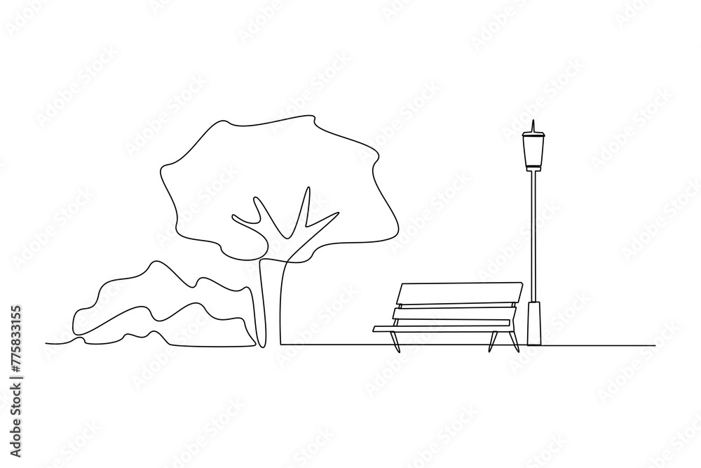 Continuous one line drawing of public garden. Natural ecology park logo hand drawn minimalist concept. Modern single line draw design vector graphic illustration
