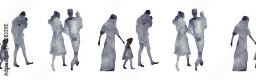 Watercolor border with silhouettes of people. Brush strokes in the form of blue silhouettes of people,Silhouette of family on white background.