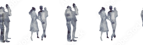 Watercolor border with silhouettes of people. Brush strokes in the form of blue silhouettes of people,Silhouette of family on white background.