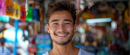 A male tourist smiles sweetly and is happy. In the background is a souvenir shop.