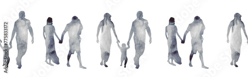 Watercolor border with silhouettes of people. Brush strokes in the form of blue silhouettes of people,Silhouette of family on white background.