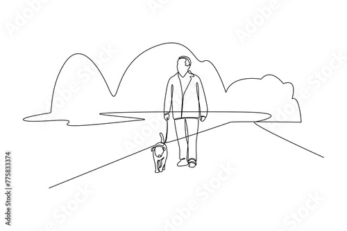 Continuous one line drawing of leisurely walk with the dog in the park. Natural ecology park logo hand drawn minimalist concept. Modern single line draw design vector graphic illustration