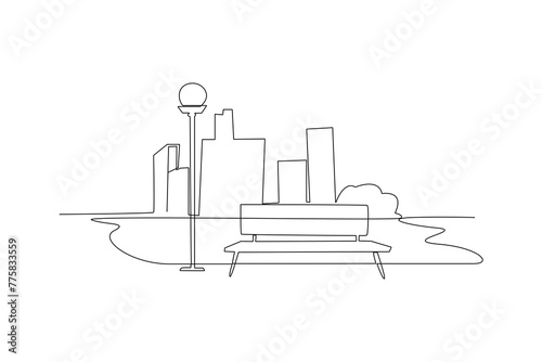 Continuous one line drawing of park behind the city. Natural ecology park logo hand drawn minimalist concept. Modern single line draw design vector graphic illustration