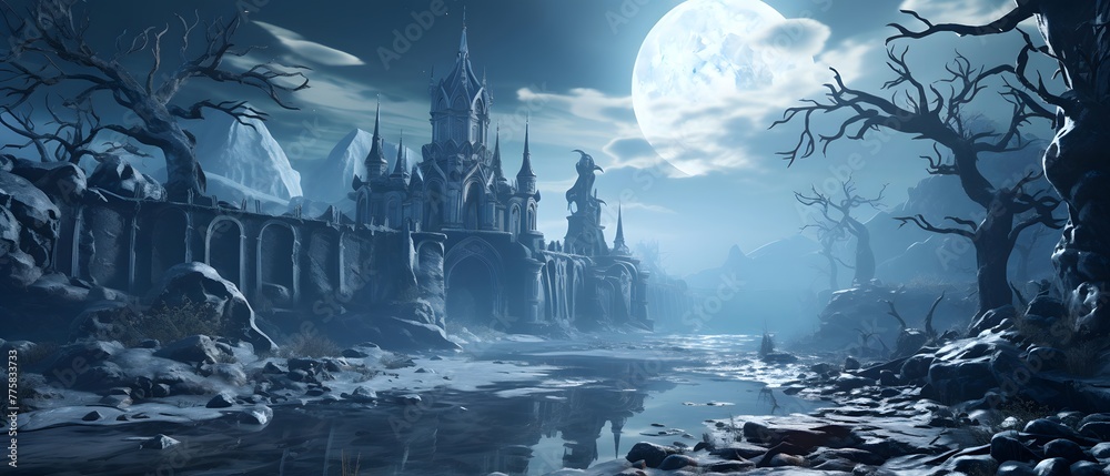 Mystical night landscape with ancient temple and river. Panorama