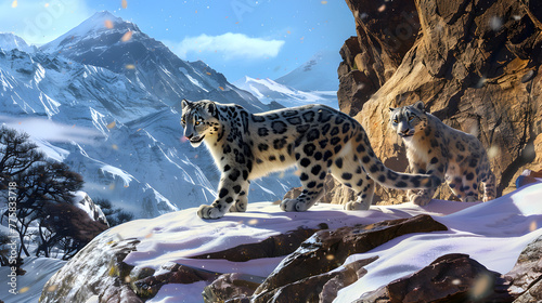 Agile snow leopard stealthily traversing a rocky Himalayan terrain