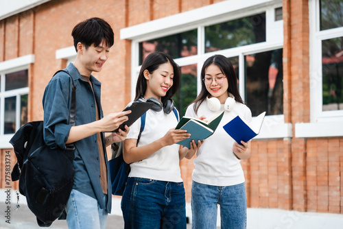 Diverse group of young adults from Asia and beyond, enjoying university life together. happy, learning, and making lifelong friendships, whether in outside class, sunny summer days or cozy weekends