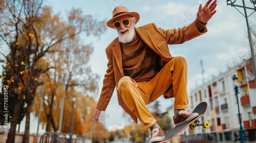 active pensioner on a skateboard