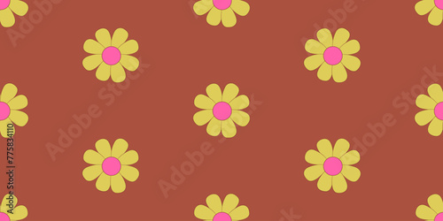 Vector seamless children's pattern with chamomile flowers on a brown background. Children's pattern for printing on fabric and paper