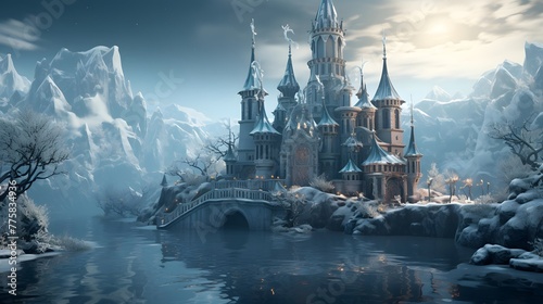 Fantasy landscape with castle and bridge over the river. 3d illustration photo