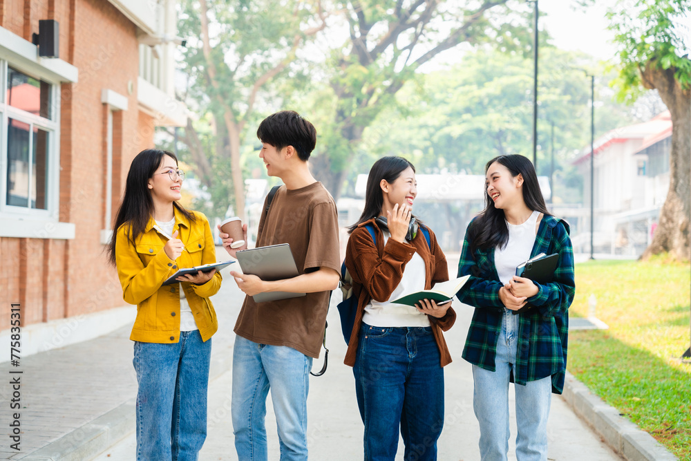 Diverse group of young adults from Asia and beyond, enjoying university life together. happy, learning, and making lifelong friendships, whether in outside class, sunny summer days or cozy weekends - obrazy, fototapety, plakaty 