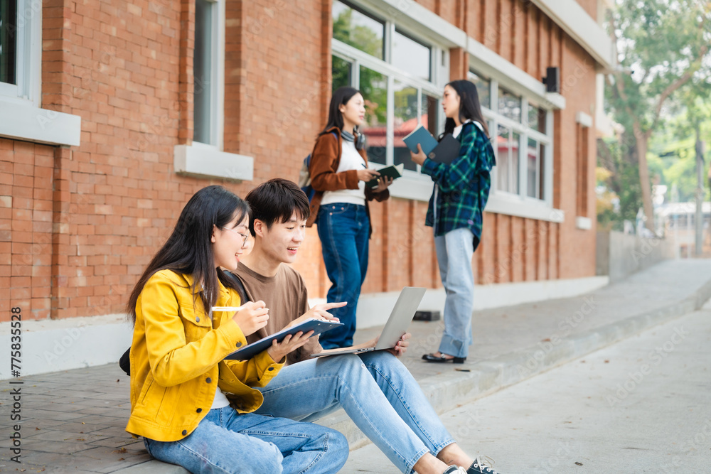 Diverse group of young adults from Asia and beyond, enjoying university life together. happy, learning, and making lifelong friendships, whether in outside class, sunny summer days or cozy weekends - obrazy, fototapety, plakaty 