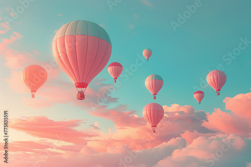 Set of hot air balloons floating in a pastel sky, designed with minimalist aesthetics, each balloon a vibrant testament to adventure and freedom, set against a serene backdrop
