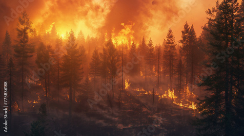 wildfire, Heatwave causes forest burning rapidly and destroyed, silhouette, natural calamity,