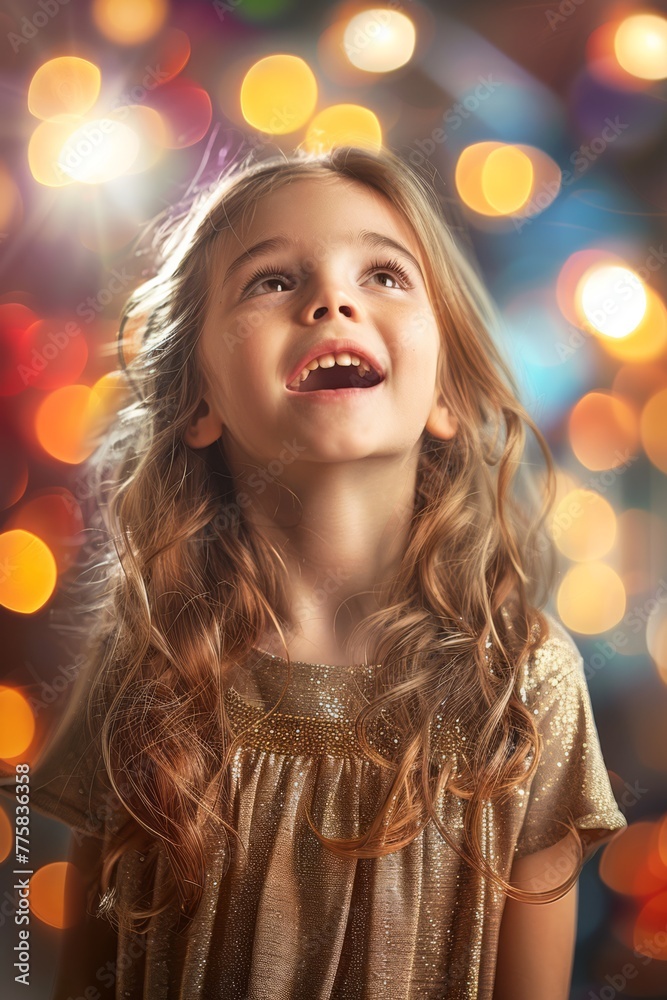 A little girl is smiling and looking up A little girl is smiling and looking up