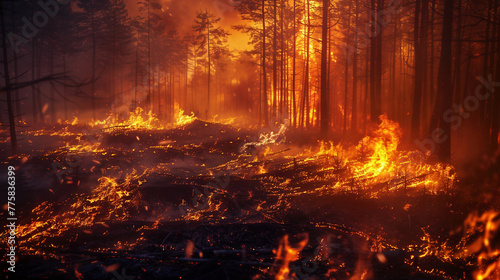 wildfire, Heatwave causes forest burning rapidly and destroyed, silhouette, natural calamity,