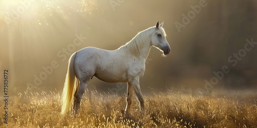 Beautiful White Stallion Roaming in Pasture