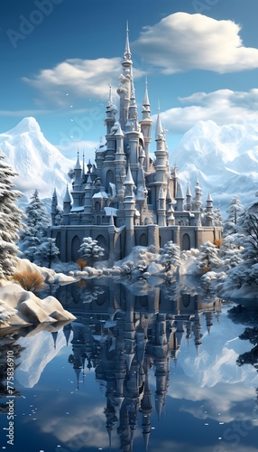 Magic Fairy Tale Castle in a Winter Snowy Landscape with Reflection © Iman