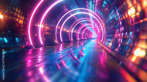 Neon streaks spiral in futuristic tunnel
